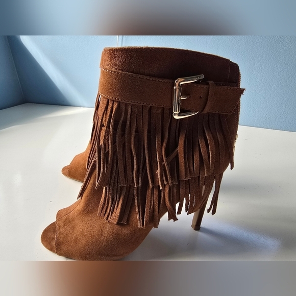 Express Boho Suede Fringe Peep Toe Brown Boots 7 - Picture 7 of 9